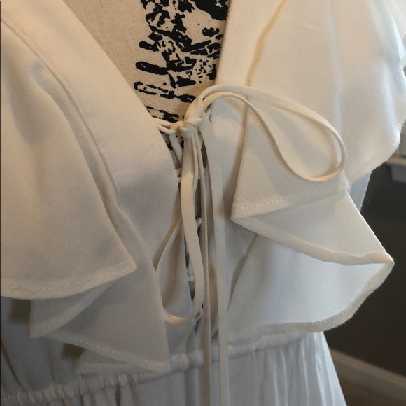 Hale Bob White Ruffled V-neck Hi-Lo, Lace-up Dress - Picture 6 of 7